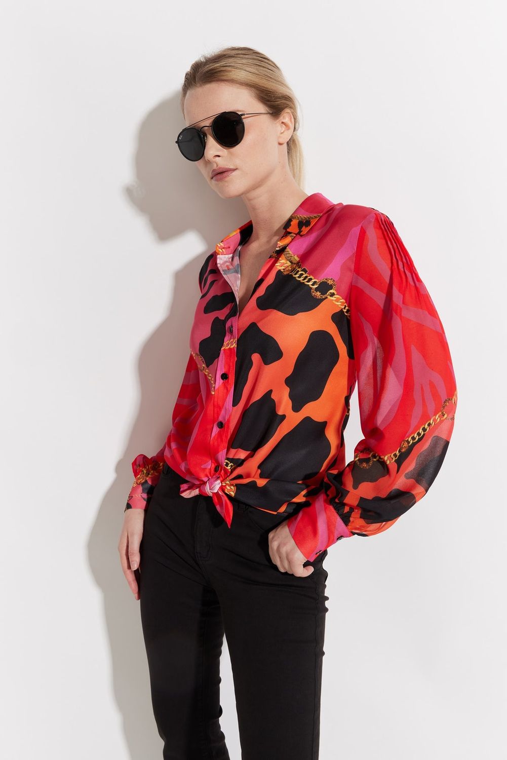 OOLALA Printed Button Front Tie Shirt, Color: Fuchsia, Size: S