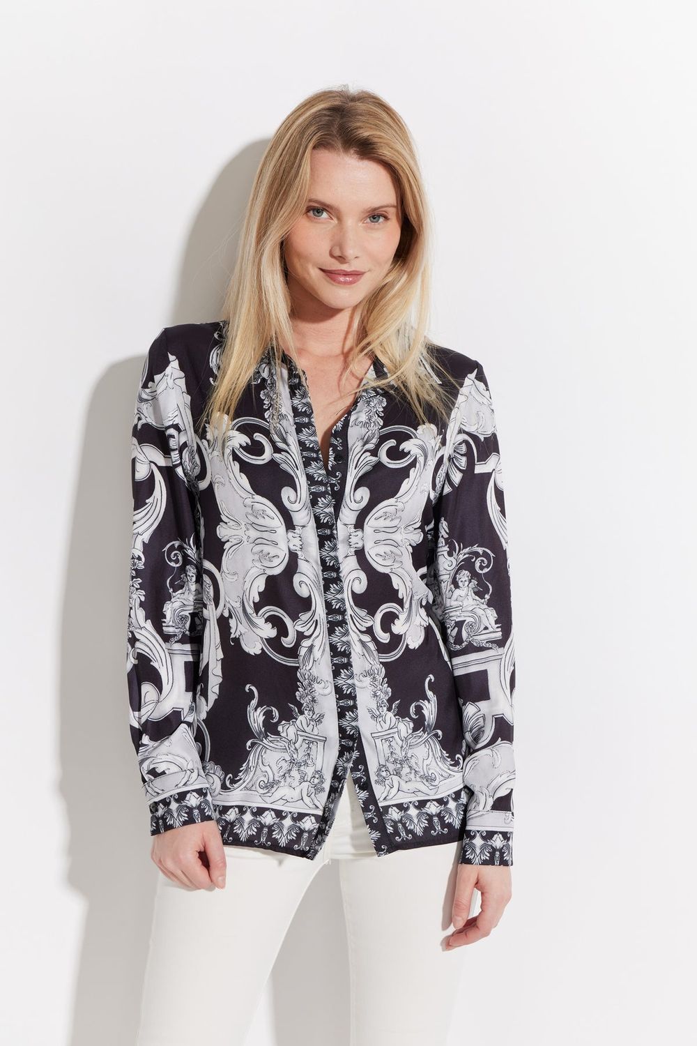 OOLALA Printed Button Front Long Sleeve Shirt, Color: Black/White, Size: S