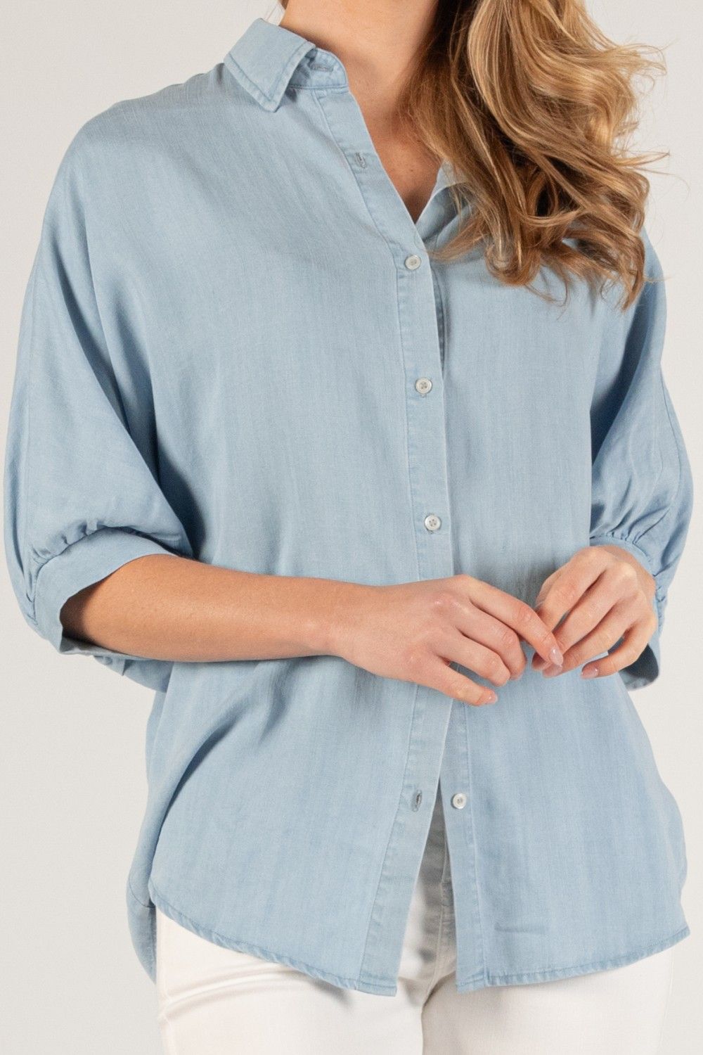 Before You Tencel 3/4 Puff Sleeve Button Up Shirt