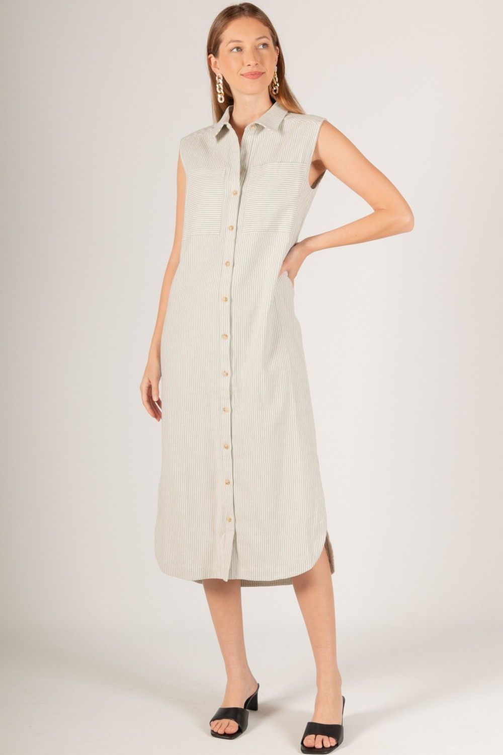 Before You Cotton Linen Twill Sleeveless Button Up Dress