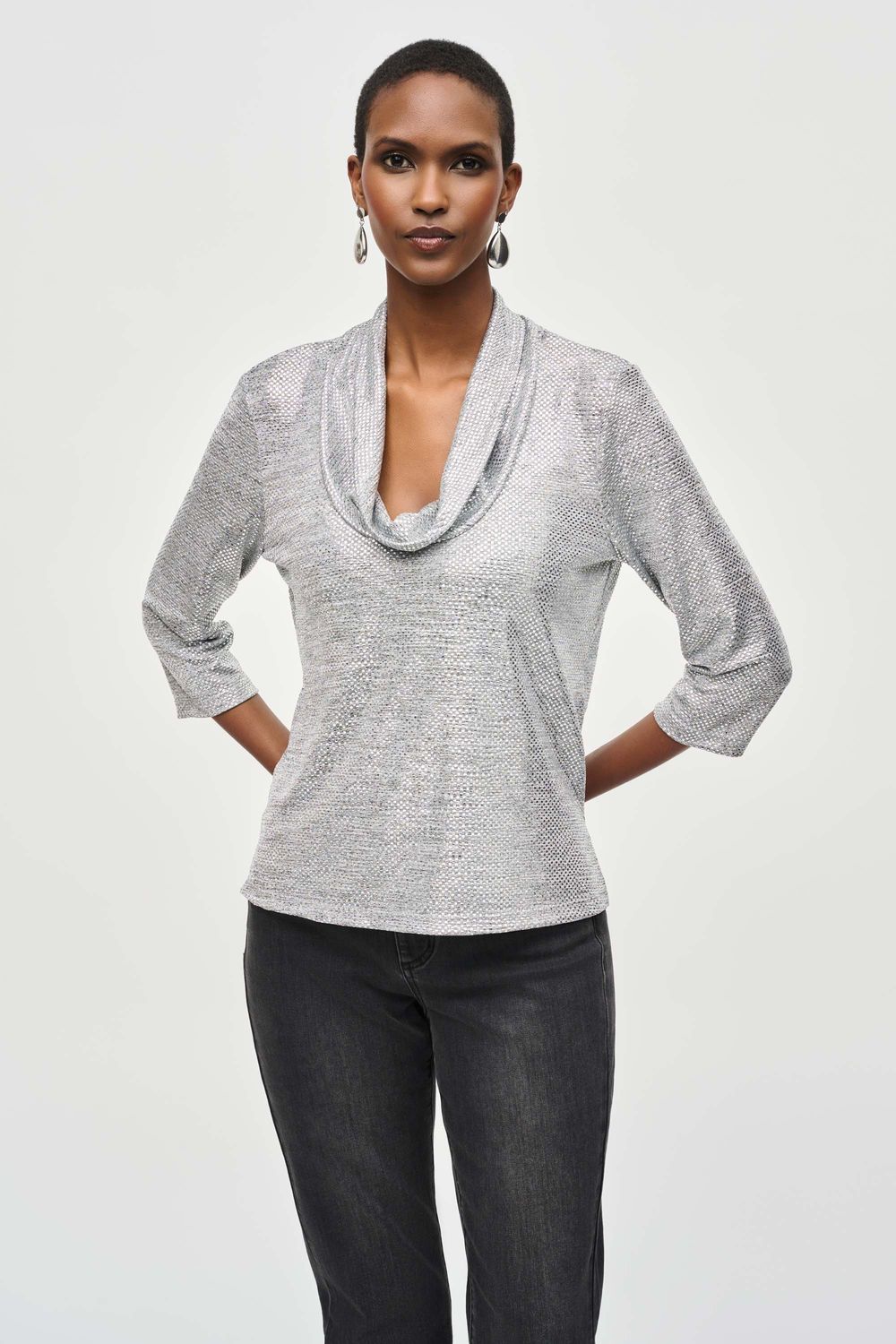 Joseph Ribkoff Foiled Knit Cowl Collar Top