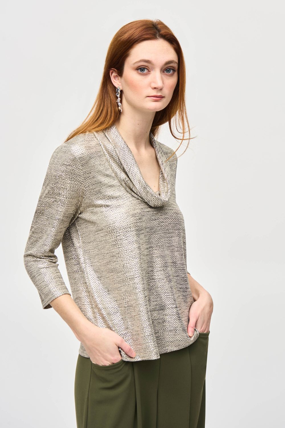 Joseph Ribkoff Foiled Knit Cowl Collar Top