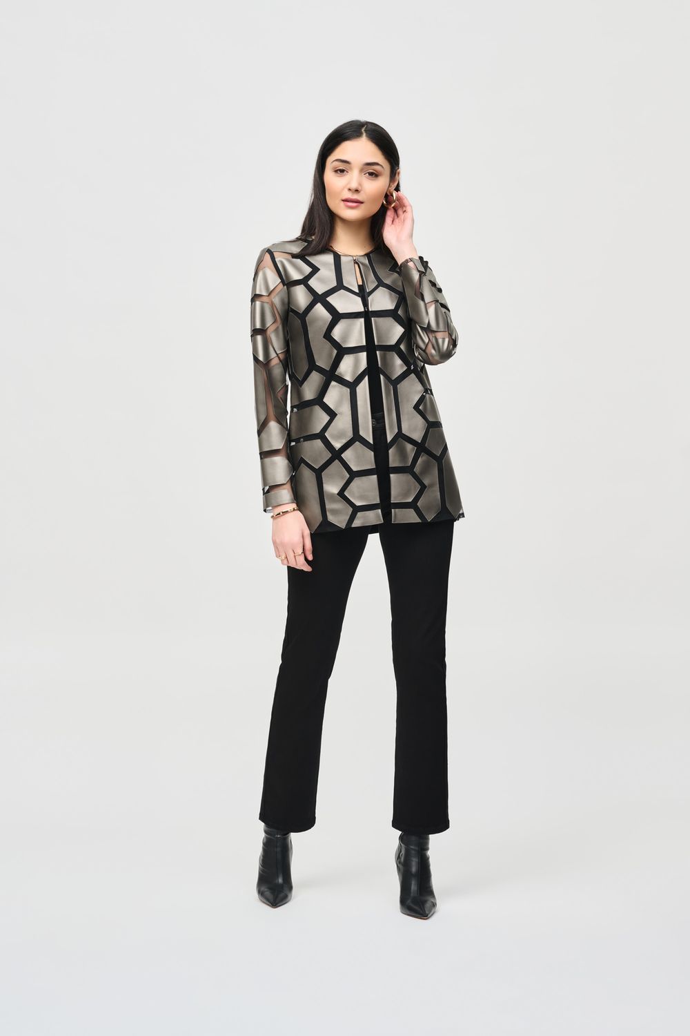 Joseph Ribkoff Laser-Cut Leatherette on Mesh Jacket