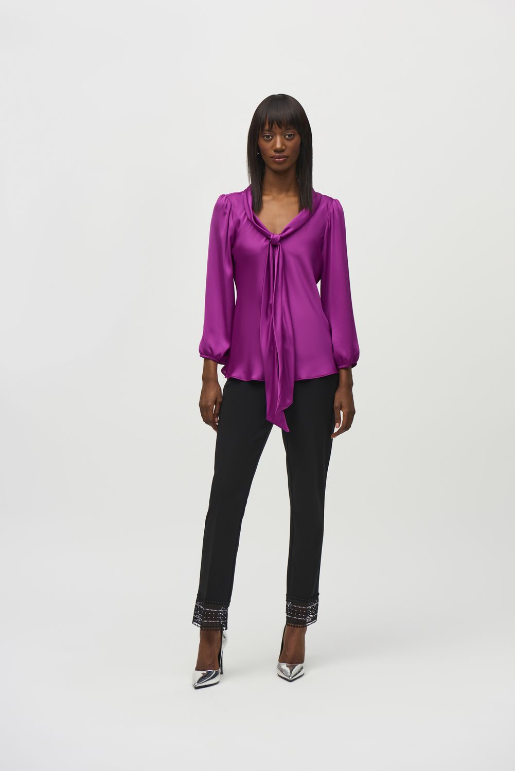 Joseph Ribkoff Satin Top with Bow Tie Neckline