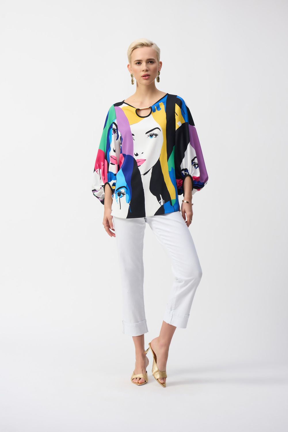 Joseph Ribkoff Woven Face Print Boxy Top