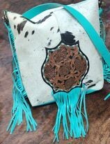 Cowhide, Teal and Tooled Leather Purse