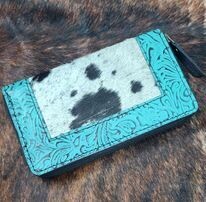 Cowhide and Teal tooled leather Wallet