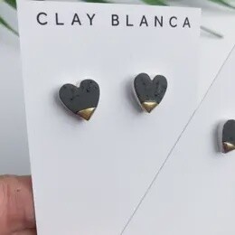 Matt Black Heart Earrings With Gold Luster