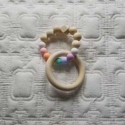 Silicone &amp; Wood Ring Baby Teether Rattle