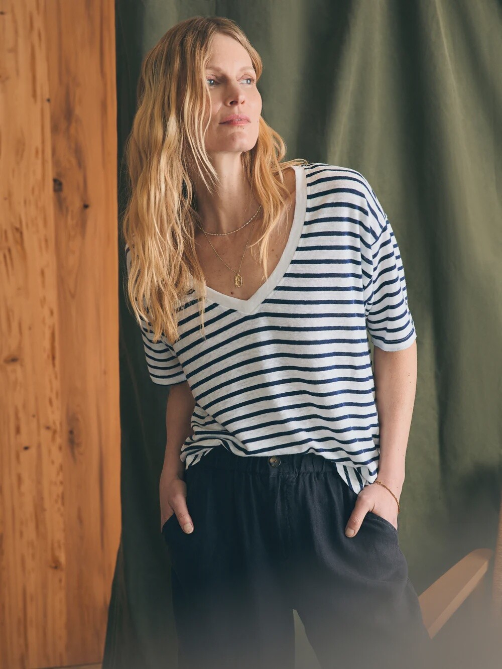 Oceanside Linen V Neck Tee, Size: XS, Colour: Ahoy Stripe