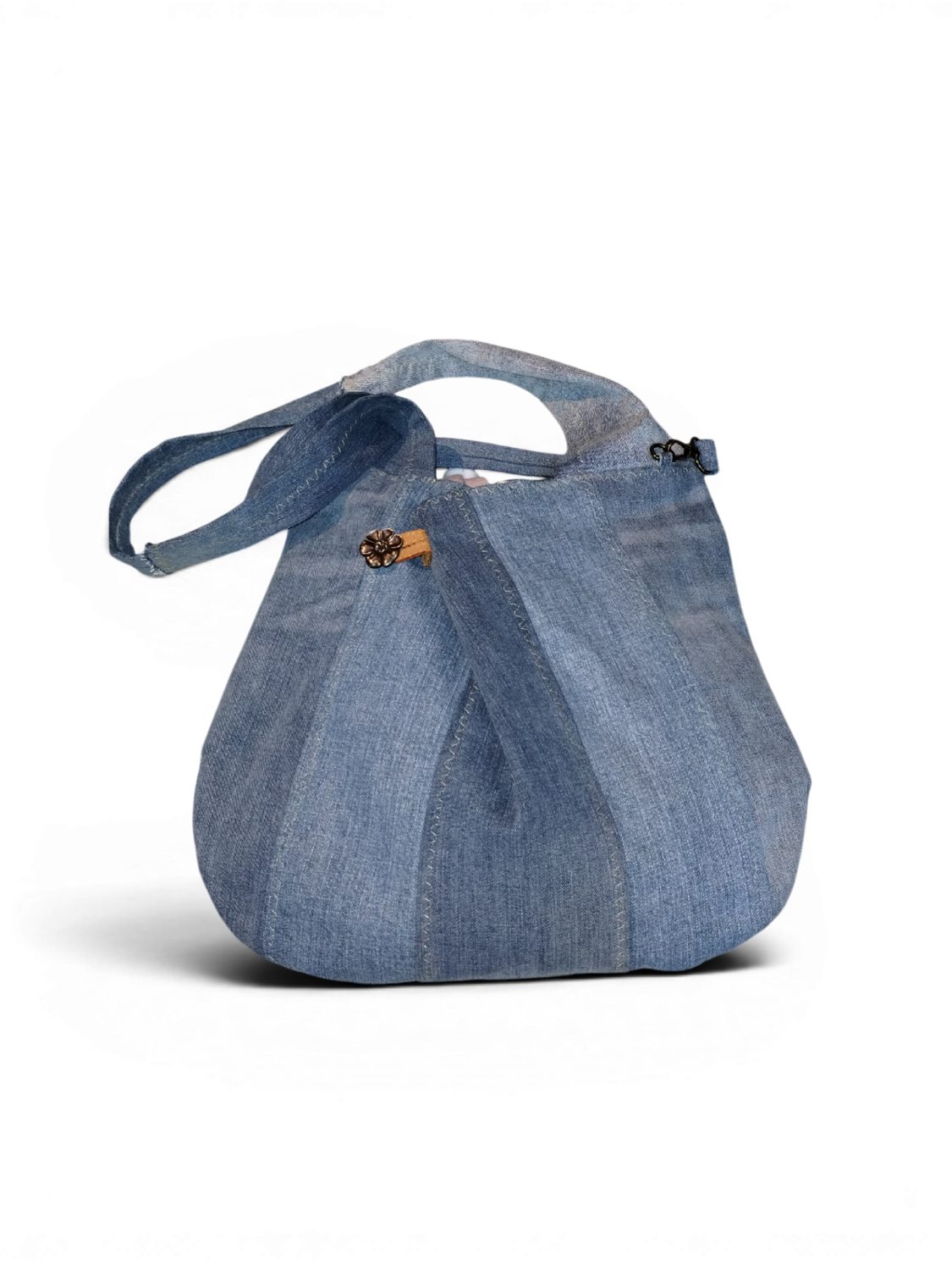 Custom Made Soft Hobo Tote with an open top and lined with 100% premium cotton.  This version is made of recycled denim.
