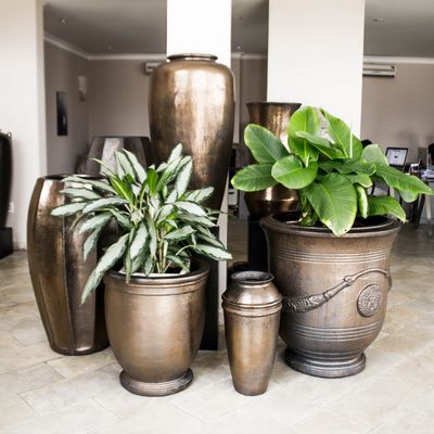 Large Glazed Pots and Urns in the glaze Heavy Metal which is a bronze/metallic colour 