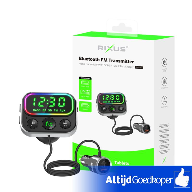 Rixus 2 In 1 Bluetooth FM Transmitter - Car Adapter 12v-24v ~ 18W-30W | Zwart | Nieuw | Met Garantie Rixus 2 In 1 Bluetooth FM Transmitter - Car Adapter 12v-24v ~ 18W-30W | Zwart | Nieuw | Met Garantie