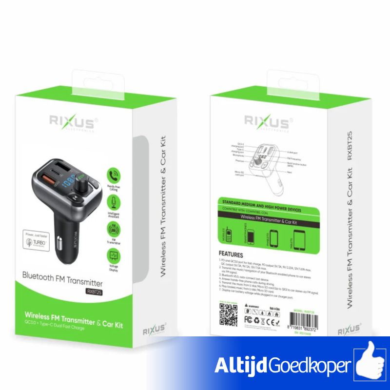 Rixus Bluetooth FM Transmitter QC30 12v -1.67A ~12v-1.5A | Zwart | Nieuw | Met Garantie Rixus Bluetooth FM Transmitter QC30 12v -1.67A ~12v-1.5A | Zwart | Nieuw | Met Garantie