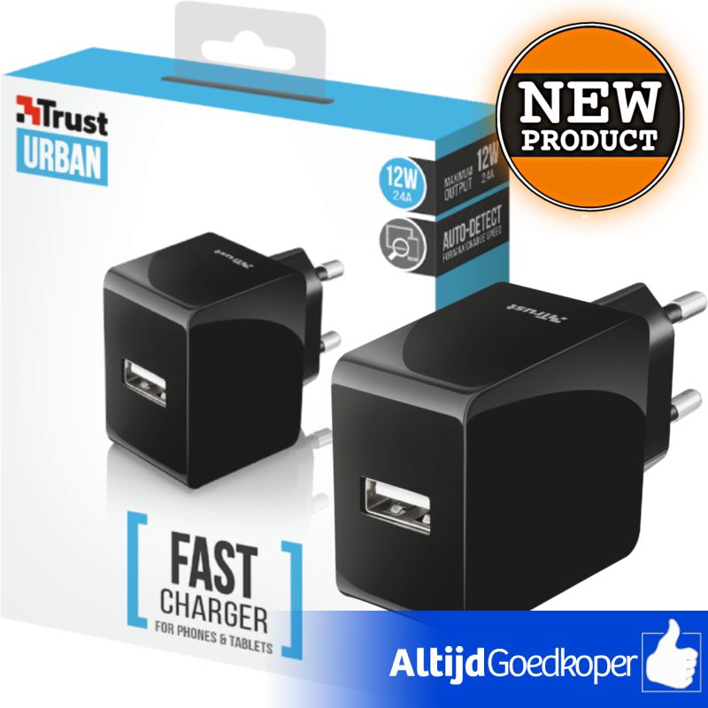 Trust 21710 12W Fast wandlader met USB-poort voor smartphones en tablets | NIEUW Trust 21710 12W Fast wandlader met USB-poort voor smartphones en tablets | NIEUW