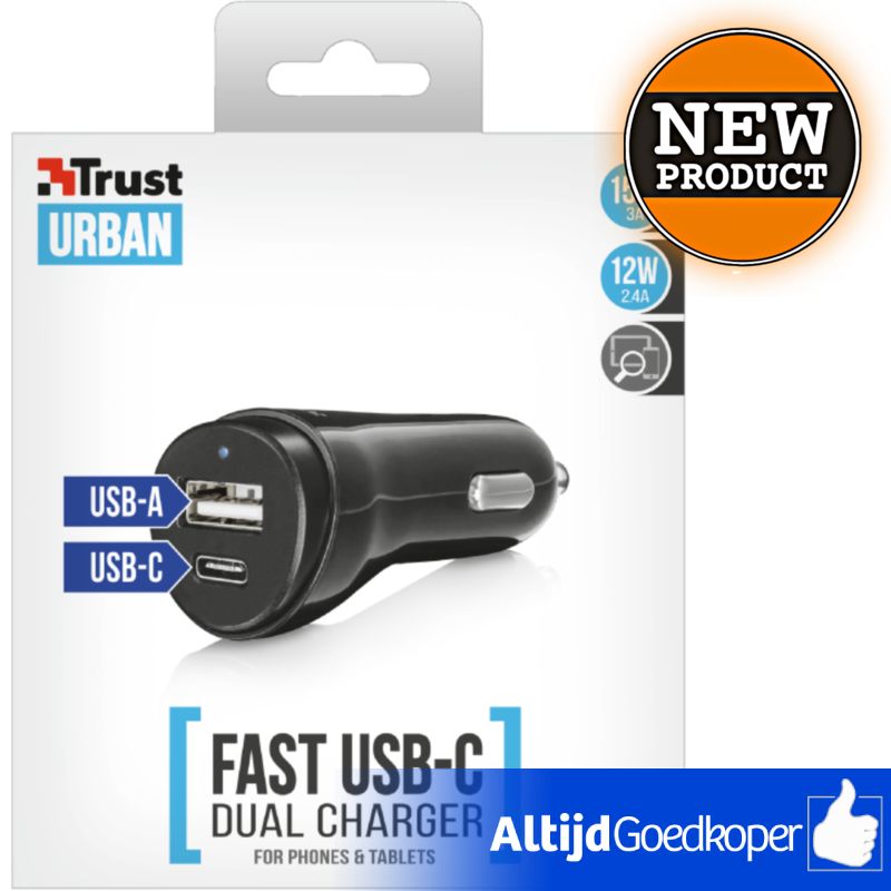 [-50%] Trust 21588 Fast Dual USB-C & USB Autolader voor smartphones en tablets | NIEUW