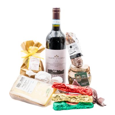 Geschenkbox oder Korb mit
1 Fl. Barbera d Alba Morassina DOC, Giuseppe Cortese,
1 Glas Oliven,
1 Salami Piemont,
1 Alpkäse Berg Buur 200gr,
6 Stück Tartuffo,
1 Zwetschgentruffes 100gr,
3 Branchli
