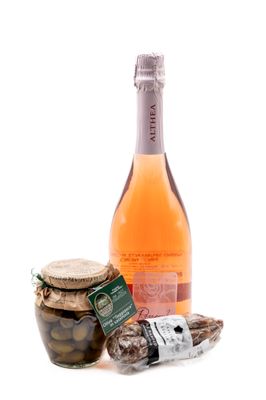 Geschenkbox mit 1 Fl. Prosecco Rosa Perla DOC, Althea Marika Drusian, 1 Salami Piemont, 1 Glas Oliven