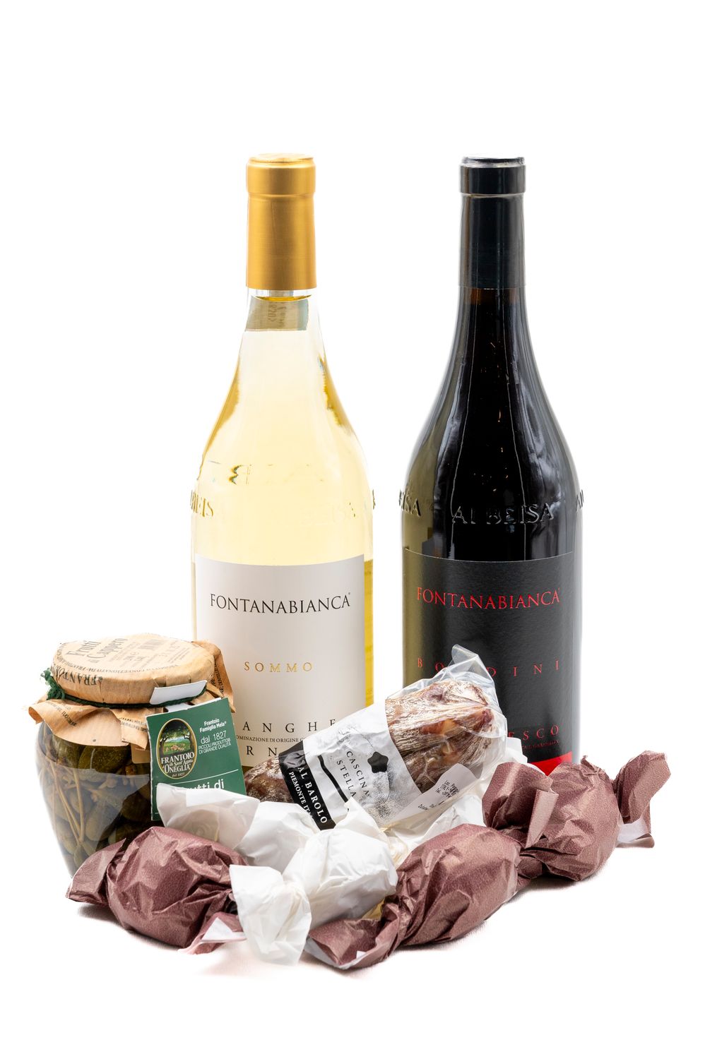Geschenkbox oder Korb mit 1 Fl. Barbaresco Bordini DOCG, Fontanabianca, 1 Fl. Langhe ArneisSommo DOC, Fontanabianca, 1 Salami Piemont, 1 Glas Frutti di Capperi, 6 Stück Tartuffo