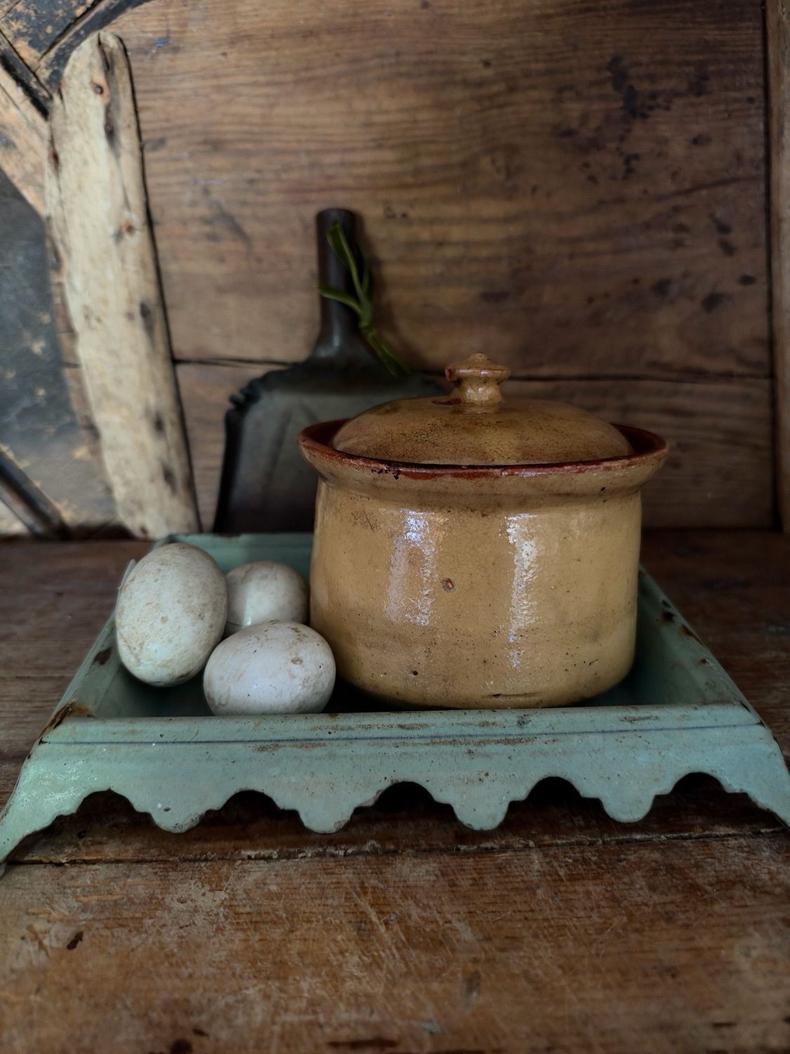Resv’d For Karen/spittoon/eggs/dust pan/candle