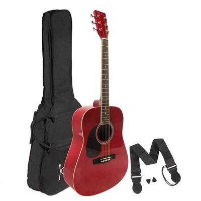 Left Handed Acoustic Guitar Pack, Koda 4/4 Size Beginner Guitar with Bag, Strap &amp; Pics, Red