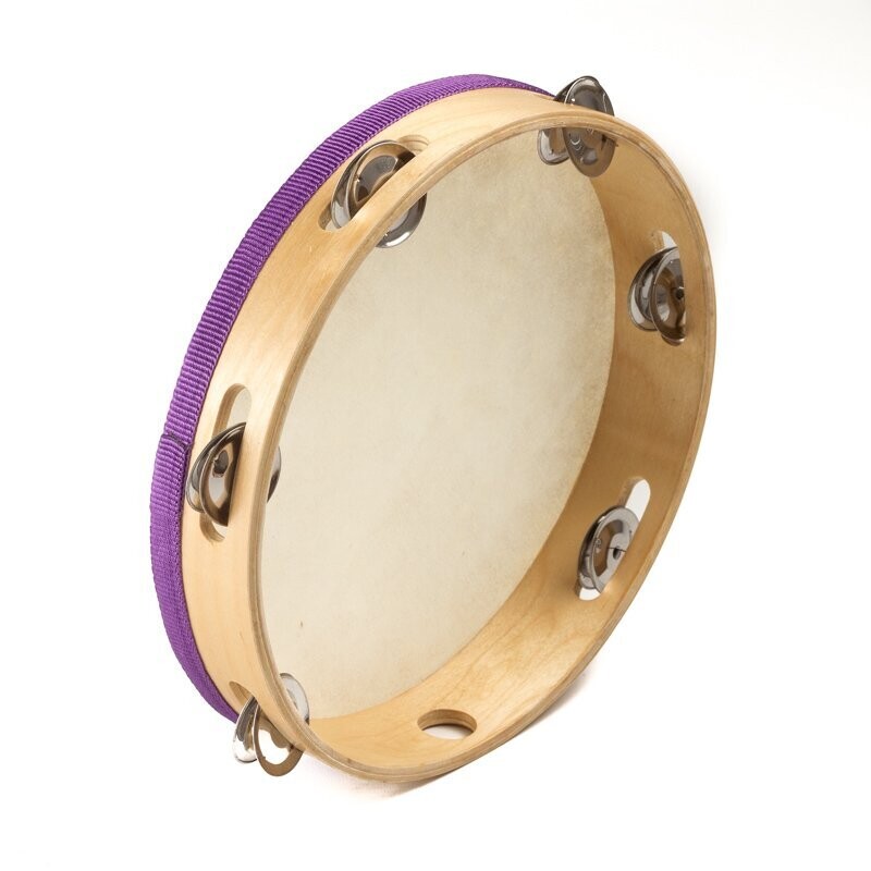 Koda 10&quot; (25cm) Wooden Tambourine with Skin, 6 Jingles, Natural