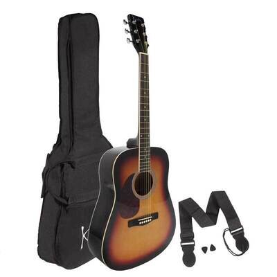 Left Handed Acoustic Guitar Pack, Koda 4/4 Size Beginner Guitar with Bag, Strap &amp; Pics, Sunburst