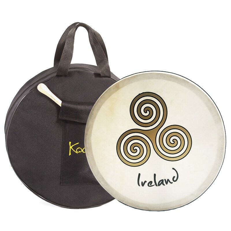 Koda Irish Bodhran 16&quot; with Bag &amp; Beater, Solid Wooden Black Frame, NEWGRANGE SWIRL GOLD