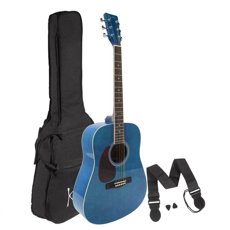 Left Handed Acoustic Guitar Pack, Koda 4/4 Size Beginner Guitar with Bag, Strap &amp; Pics, Blue