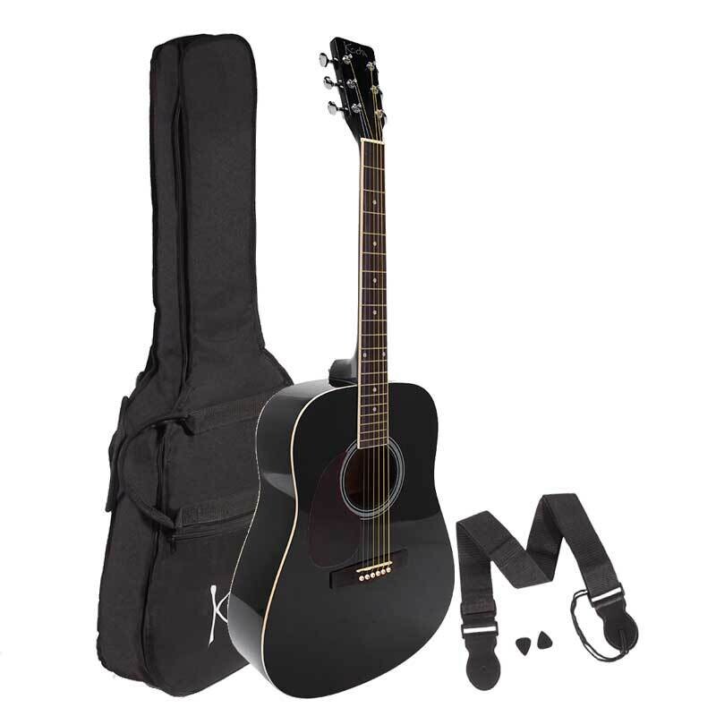 Left Handed Acoustic Guitar Pack, Koda 4/4 Size Beginner Guitar with Bag, Strap &amp; Pics, Black