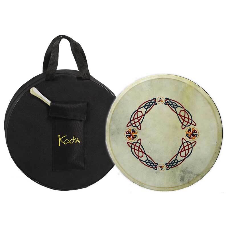 Koda Irish Bodhran 16&quot; with Beater, Solid Wooden Black Frame, KNOTWORK Design