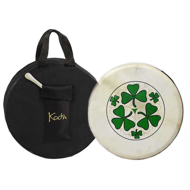 Koda Irish Bodhran 14&quot;x3&quot; with Beater, Solid Wooden Black Frame, SHAMROCK Design