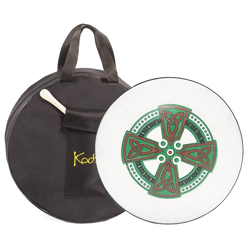Koda Irish Bodhran 12&quot;x3&quot; with Beater, Solid Wooden Black Frame, ORANGE AND GREEN CELTIC CROSS