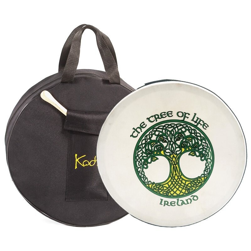 Koda Irish Bodhran 16&quot; with Bag &amp; Beater, Solid Wooden Black Frame, TREE OF LIFE