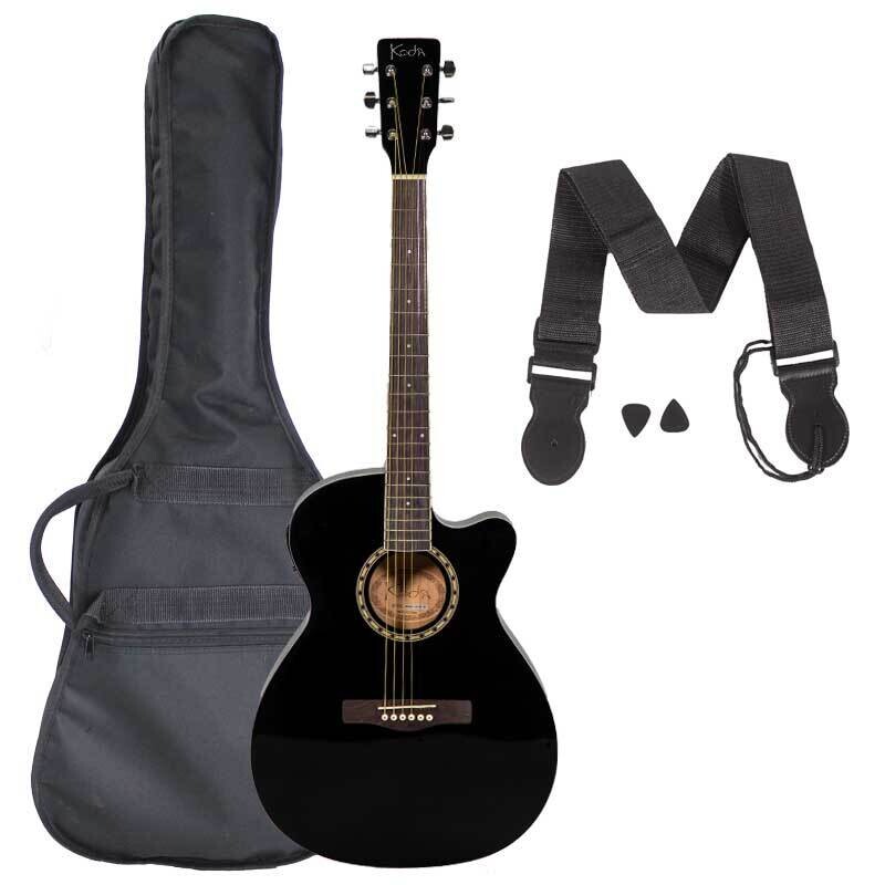 Koda 40&quot; Cutaway Folk OM Style Semi-Acoustic Guitar PACK, Black