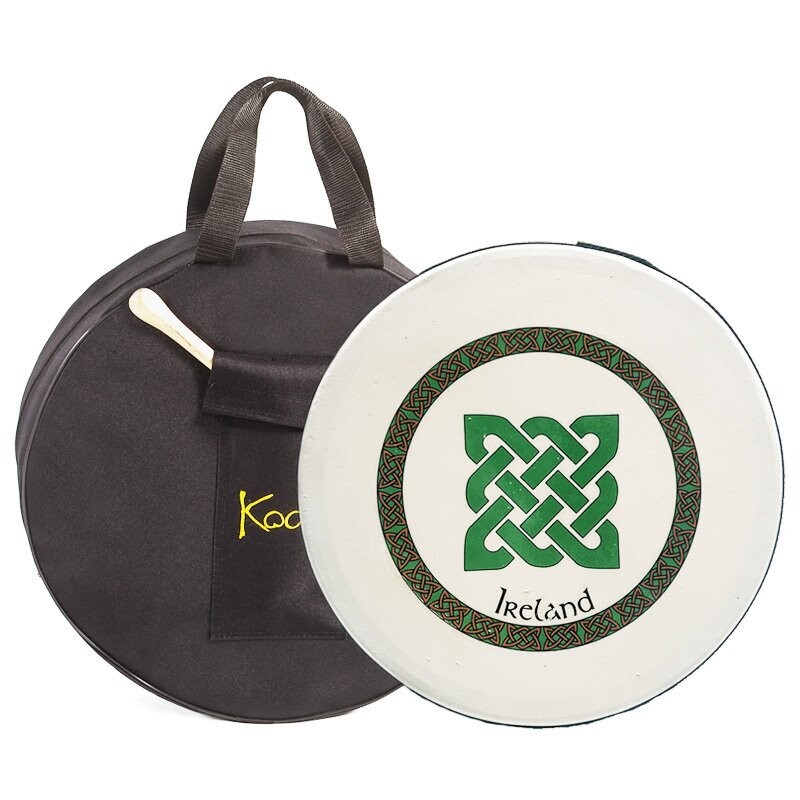 Koda Irish Bodhran 12&quot;x3&quot; with Beater, Solid Wooden Black Frame, GREEN SQUARE CELTIC KNOT