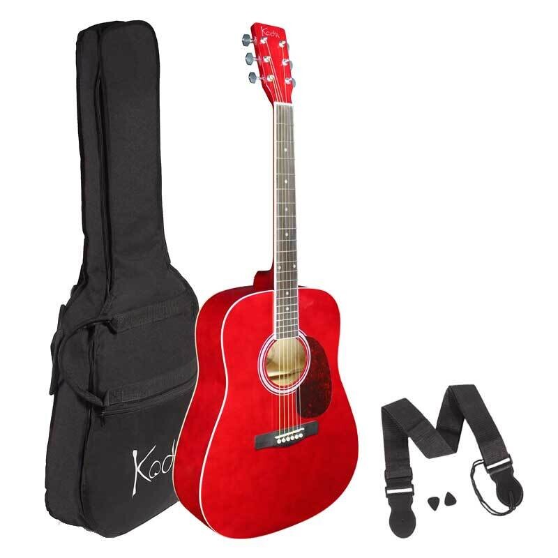 Koda Acoustic Guitar, 4/4 Size RED Guitar Pack, inc Bag, Strap &amp; 2 Pics