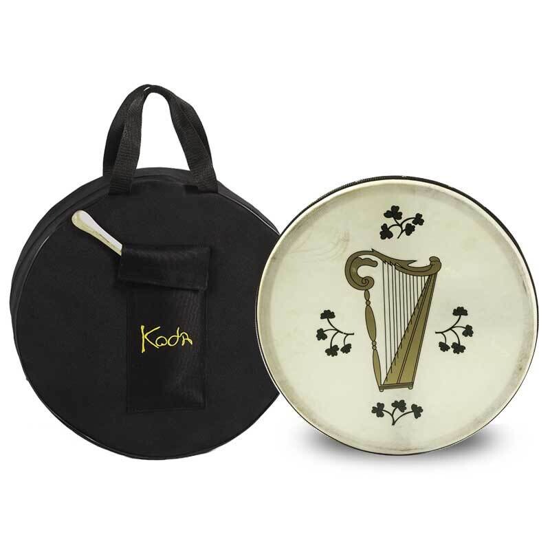 Koda Irish Bodhran 14&quot;x3&quot; with Beater, Solid Wooden Black Frame, GOLDEN HARP Design