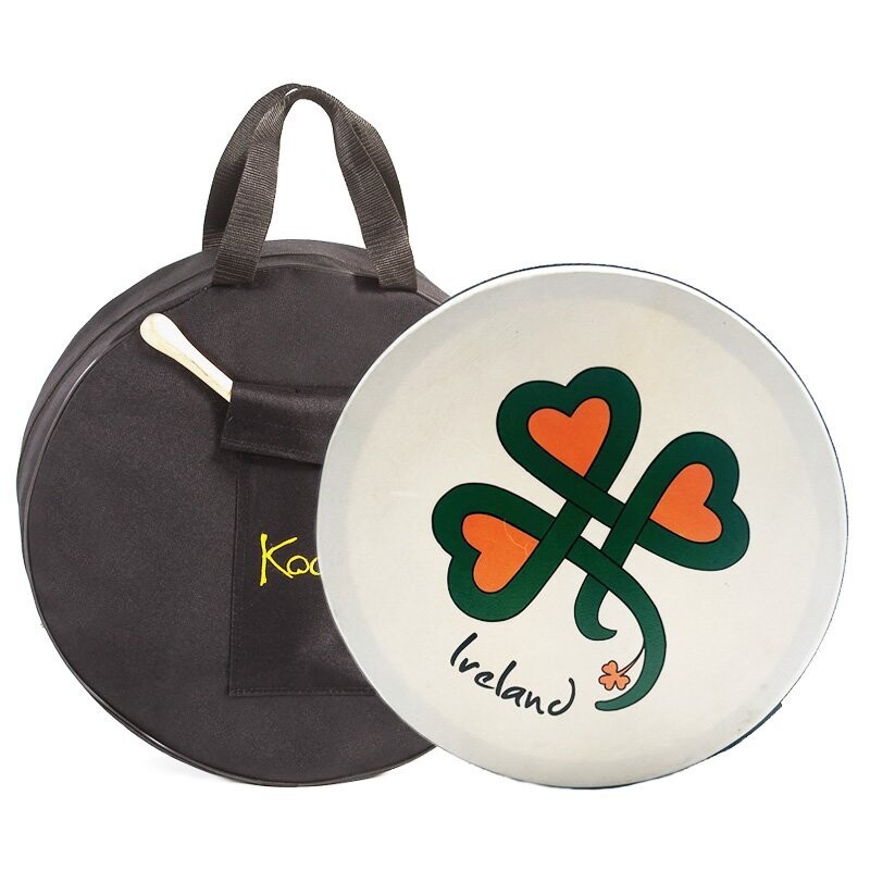 Koda Irish Bodhran 16&quot; with Bag &amp; Beater, Solid Wooden Black Frame, IRELAND SHAMROCK
