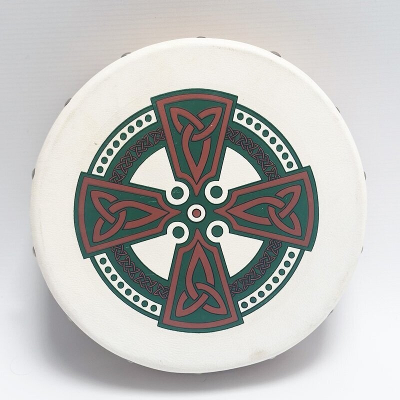 Koda Irish Bodhran 8&quot; with Beater Solid Wooden Frame &amp; Crossbar, ORANGE AND GREEN CELTIC CROSS