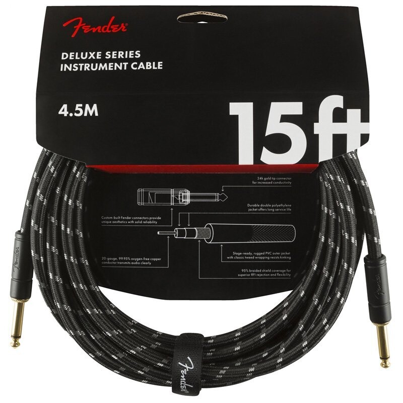 Fender Instrument Cable, 15FT / 4.5M Delux Series Lead, Jack Male-Jack Male, BLACK TWEED