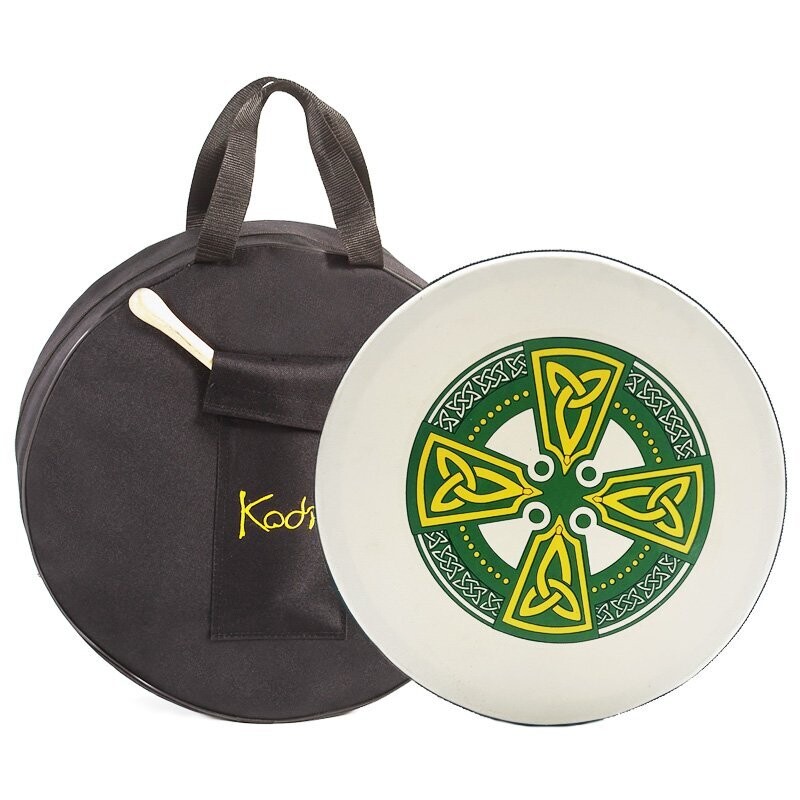 Koda Irish Bodhran 16&quot; with Bag &amp; Beater, Solid Wooden Black Frame, CELTIC CROSS GREEN