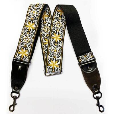 RockYou Adjustable 2&quot; Banjo Strap, Leatherette Ends, Metal Clasps, Hootenanny Jaquard Style, BLACK