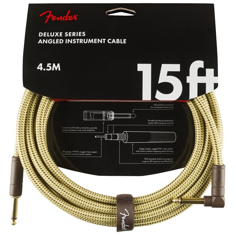 Fender Instrument Cable, 15FT / 4.5M Delux Series Lead, Jack Male-Right Angle Jack Male, TWEED