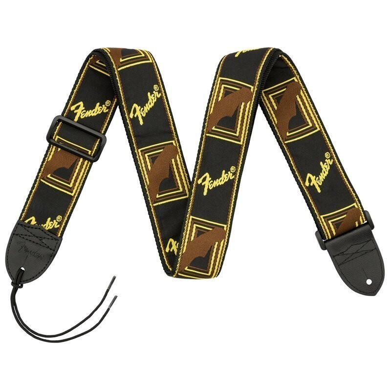 Fender Guitar Strap, Black-Yellow-Brown Running Logo, Polyester, Leather Ends