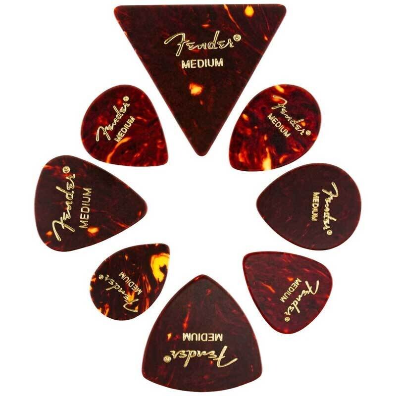 Fender Plectrums, All Shapes Celluloid Medley Tortoise Shell Medium, Pack of 8