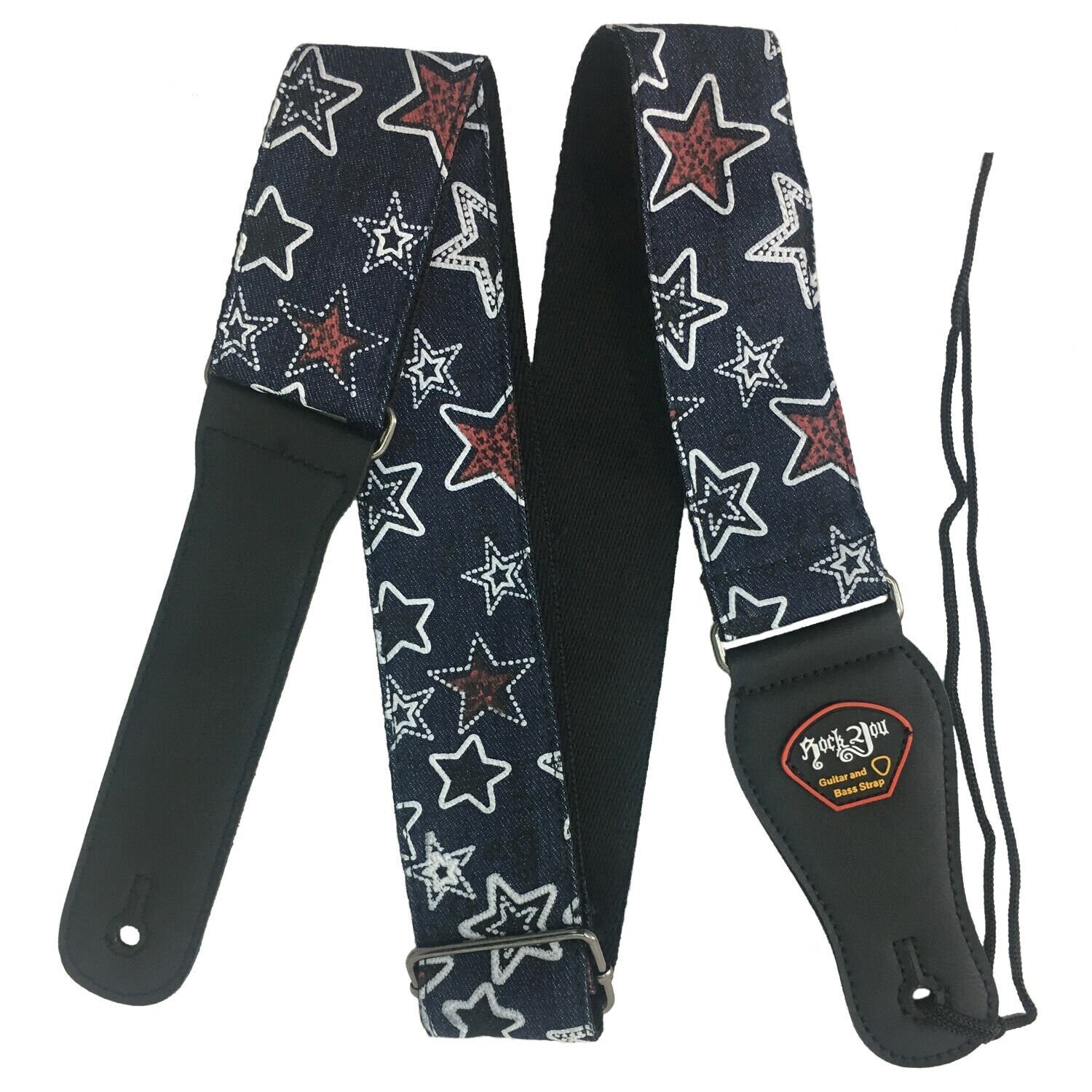 Guitar Strap, RockYou Denim Leatherette Ends, Pick Holder, STARS