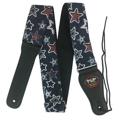 Guitar Strap, RockYou Denim Leatherette Ends, Pick Holder, STARS