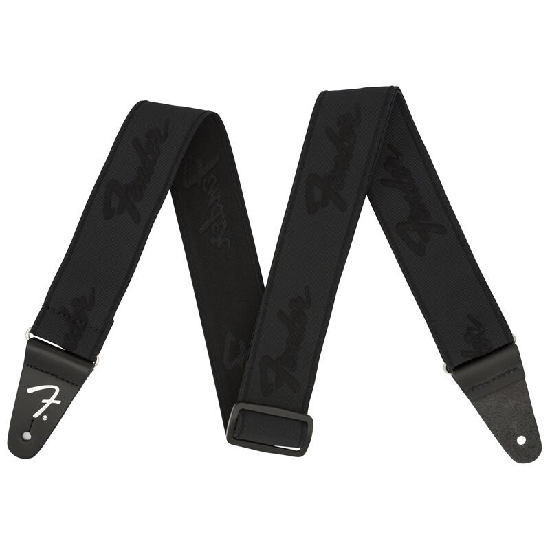 Fender Guitar Strap, WeighLess Elastic Strap, Leather Ends, Black Running Logo