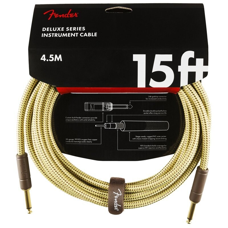 Fender Instrument Cable, 15FT / 4.5M Delux Series Lead, Jack Male-Jack Male, TWEED